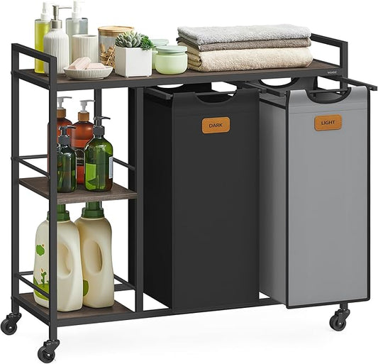 VASAGLE Laundry Hamper with 2 Compartments, 26.4 Gal. (100 L) Laundry Sorter, Rolling Laundry Cart with Shelves, Removable Liners, 6 Labels, Chestnut Brown, Ink Black and Dove Gray UBLH311B02