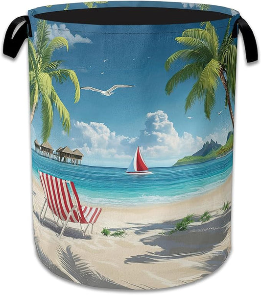 Tropical Beach Laundry Basket,Foldable Waterproof Oxford Cloth Tote Bag Hawaii Palm Tree Laundry Hamper with Handles,20.8"x16" Clothes Storage Bucket Organizer for Laundry Room, Bathroom, Bedroom