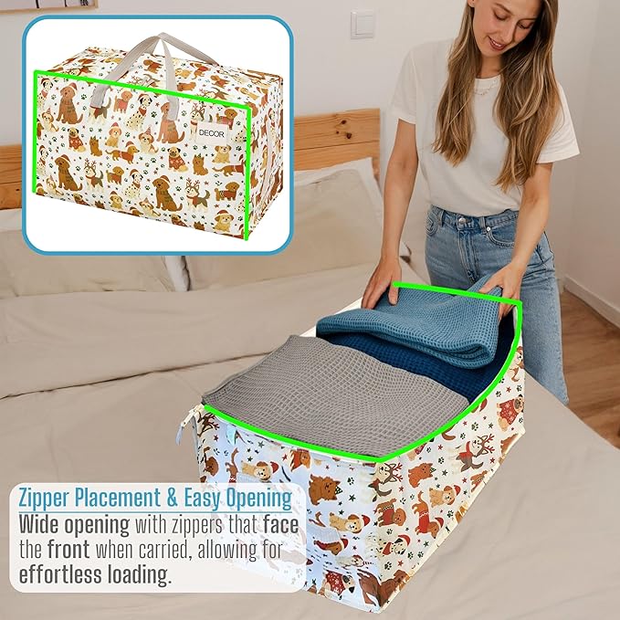 VENO 2 Pack Moving Bags and Large Christmas Decoration Storage Bins with lids. Alternative to Moving Boxes, Packing Supplies for College. Heavy Duty Totes (Holiday Pups, 2 Pack)