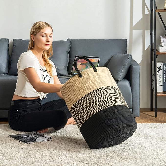 YOUDENOVA Woven Rope Laundry Hamper Basket, 72L Tall Luandry Basket, Baby Nursery Hamper for Blanket Storage, Clothes Hamper for Laundry in Bedroom-Large-Black & Brown