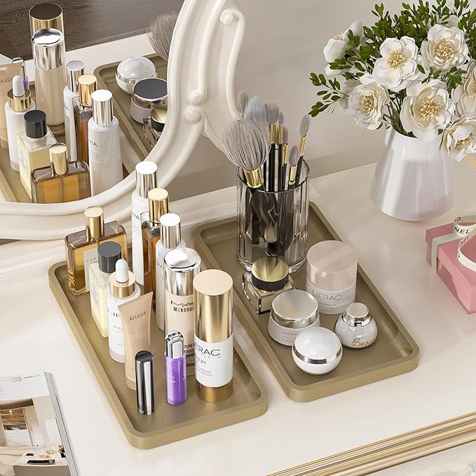 Weenson Gold Bathroom Vanity Tray for Countertop Jewelry Makeup Perfume Candles Decor, Bamboo Kitchen Tray for Soap Dispenser Spice Salt, Gold Tray for Toilet Tank Coffee Nightstand Set of 2