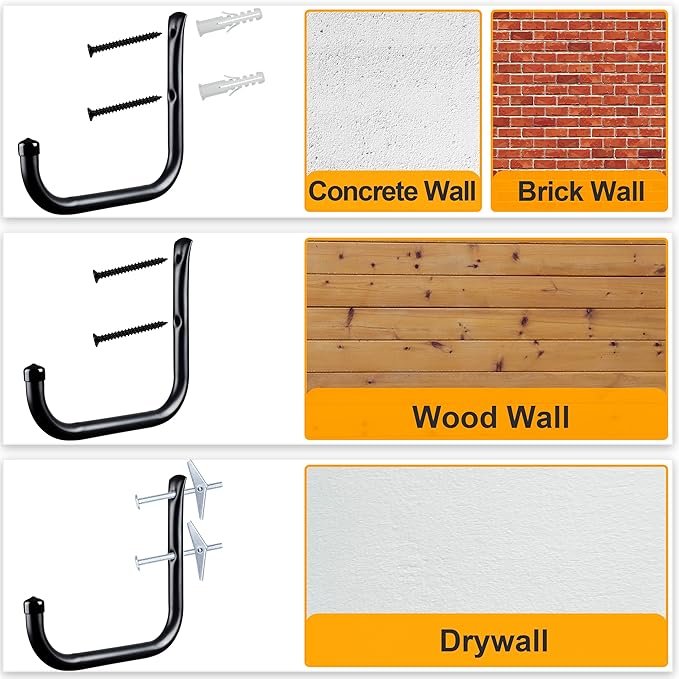 KURUI Wall Hooks for Garage Garden, 4 Pack Water Hose Holder, Large Garage Storage Hanger for Ladder Bike Extension Cord Tool, Wall Mount l Hooks, Black Heavy Duty 8 inch Long Hook