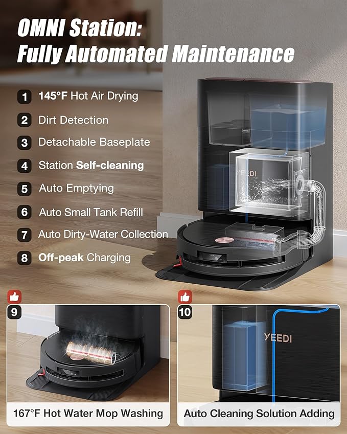 Yeedi S16 Plus Robot Vacuum & Mop with Automatic Omni Station, Blast 16,600Pa Suction, OZMO Roller Self-Wash Mopping, ZeroTangle 3.0, Triple Lift Floor Lift, AI-Powered Navigation and Mapping