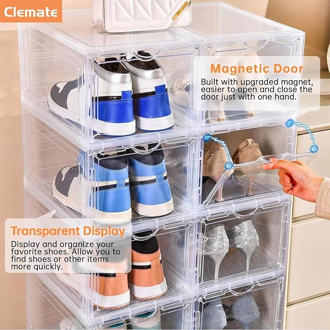 Clemate Upgraded X-Large Shoe Organizer,Shoe Storage Organizer,12 Pack,Shoe Box Clear Plastic Stackable,Drop Front Shoe Box with Clear Door, Shoe Containers For Sneaker Display,Fit up to US Size13