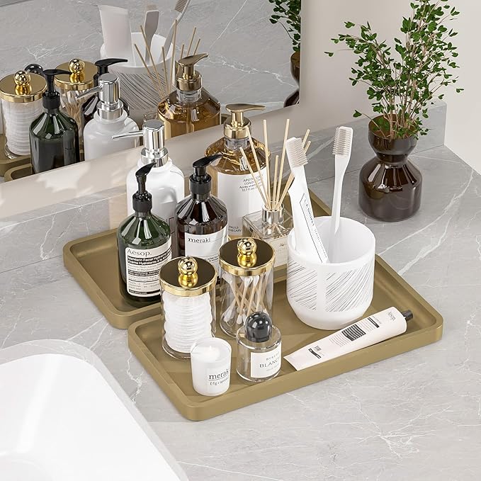 Weenson Gold Bathroom Vanity Tray for Countertop Jewelry Makeup Perfume Candles Decor, Bamboo Kitchen Tray for Soap Dispenser Spice Salt, Gold Tray for Toilet Tank Coffee Nightstand Set of 2