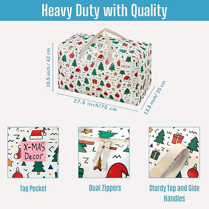 VENO 2 Pack Moving Bags and Large Christmas Decoration Storage Bins with lids. Alternative to Moving Boxes, Packing Supplies for College. Heavy Duty Totes (Jingle Mix, 2 Pack)