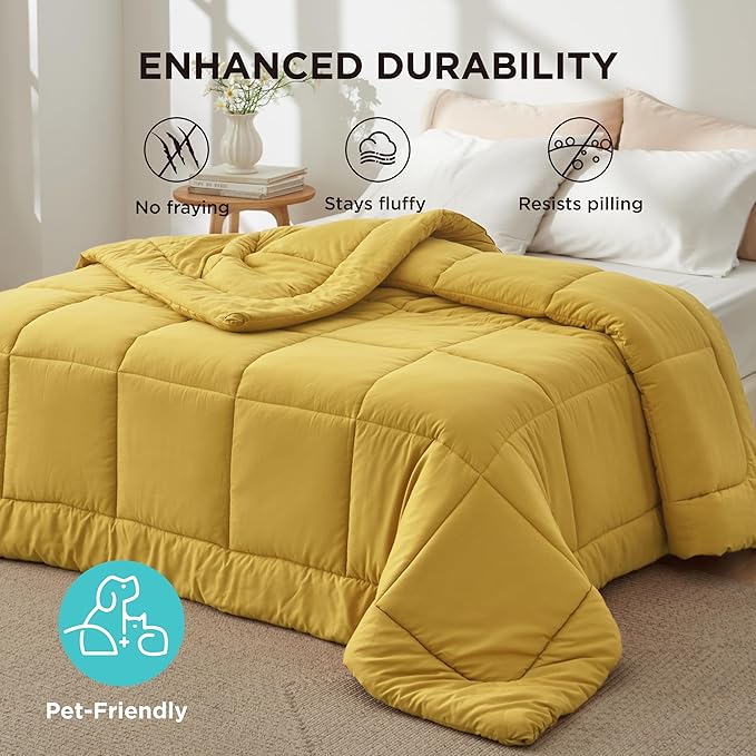Bedsure Comforter Duvet Insert - Quilted Comforters Twin XL Size, All Season Duvet, GentleSoft Down Alternative Bedding, with 8 Tabs, Gifts for Women/Men, Mustard Yellow, Twin XL 92 x 68 Inches