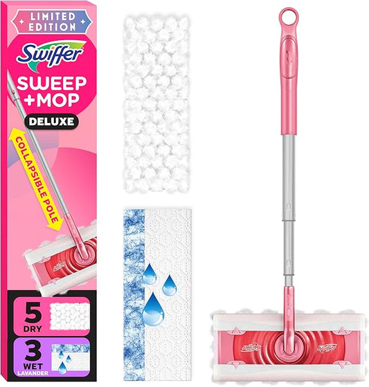 Swiffer Sweep and Mop Deluxe, Limited Edition Pink Wicked: for Good, 2-in-1 Floor Mopping and Sweeping Kit, 1 Sweeper Device, 5 Heavy Duty Dry Sweeping Cloths, 3 Heavy Duty Wet Mopping Cloths