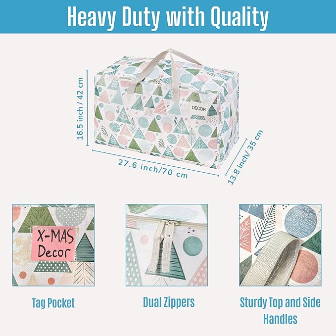 VENO 4 Pack Moving Bags and Large Christmas Decoration Storage Bins with lids. Alternative to Moving Boxes, Packing Supplies for College. Heavy Duty Totes (Pastel Forest, 4 Pack)