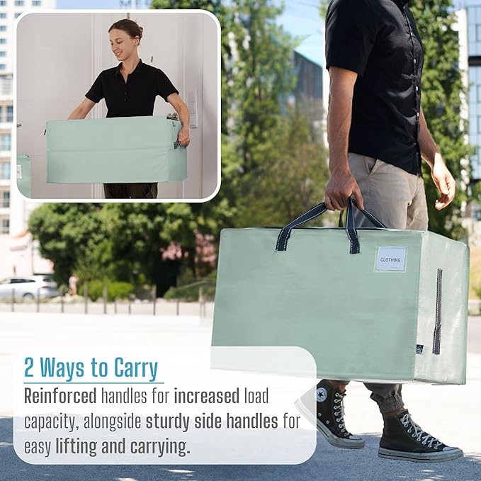 VENO 4 Pack Moving and Storage Bags, Heavy Duty, Alternative to Moving Boxes, Large Packing Totes Supplies for College Dorm Room with Zipper for Clothes, Wide Open Design (Shiny Light Green, 4 Pack)