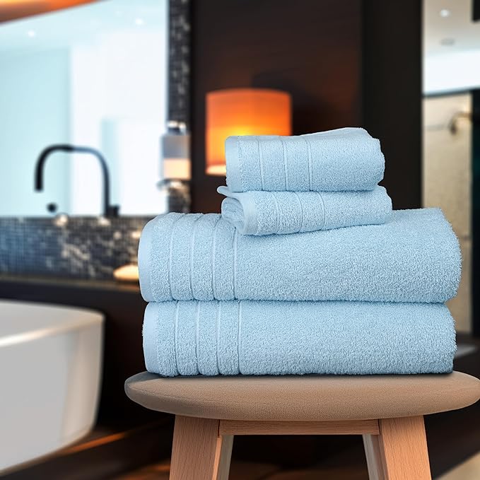 Tens Towels Pack of 8 Towels Set, 2 Extra Large Bath, 2 Hand, 4 Washcloths, 100% Cotton, Lighter Weight, Quicker to Dry, Super Absorbent, Perfect for Bathroom, Sky Blue