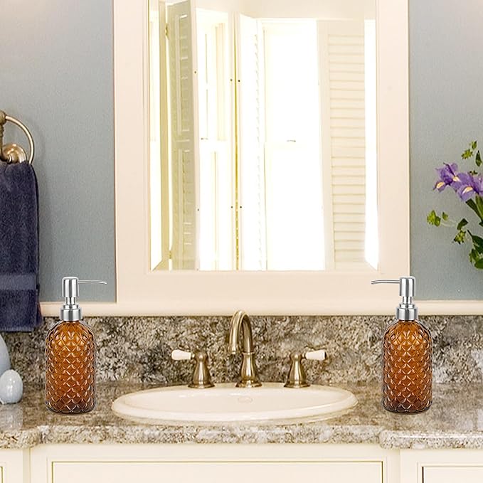 16 oz Diamond Pattern Glass Soap Dispenser, Kitchen and Bathroom Refillable Soap Dispenser with Rust Resistant Stainless Steel Pump for Hand Soap, Lotion Glass Liquid Dispenser(Amber-2pack)