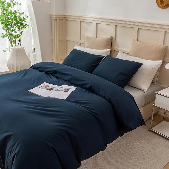 ECOCOTT Navy Blue Duvet Cover Super King Size - 100% Washed Cotton Durable Soft Comfy Bedding Set, 3 Pieces Duvet Cover with Zipper Closure (108''x98'')