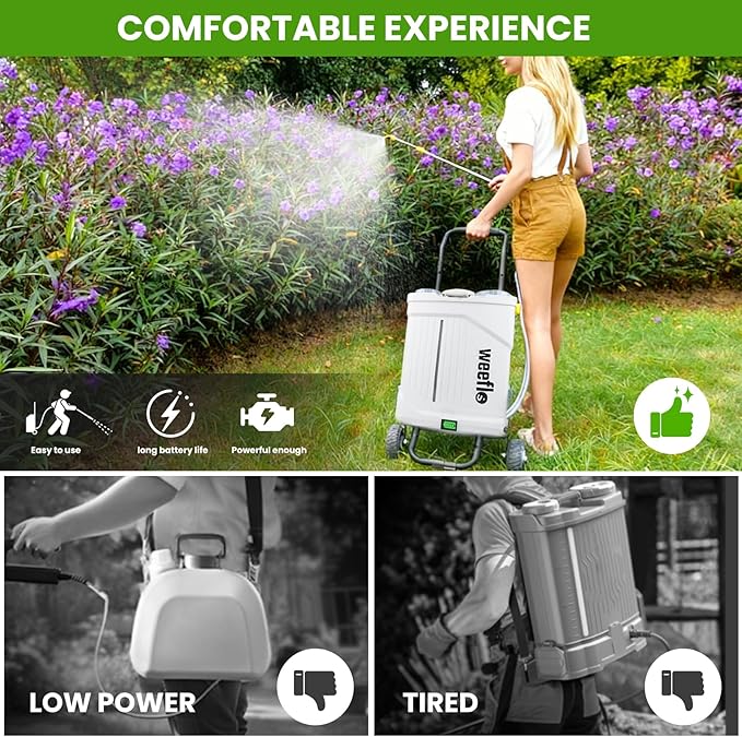Weeflos Battery Powered Backpack Sprayer,4 Gallon Electric Sprayer with Wheeled Cart, 100 PSI High Pressure, 2X 21V Rechargeable Batteries,Garden Sprayer for Outdoor Cleaning & Washing