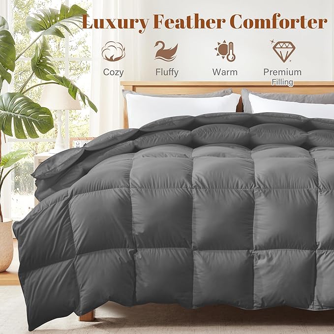 Cosybay Twin Size Feather Down Fiber Comforter - Fluffy Grey All Season Duvet Insert, Ultra Soft 100% Cotton Cover, Luxury Hotel Bedding with Corner Tabs, 68"x90"