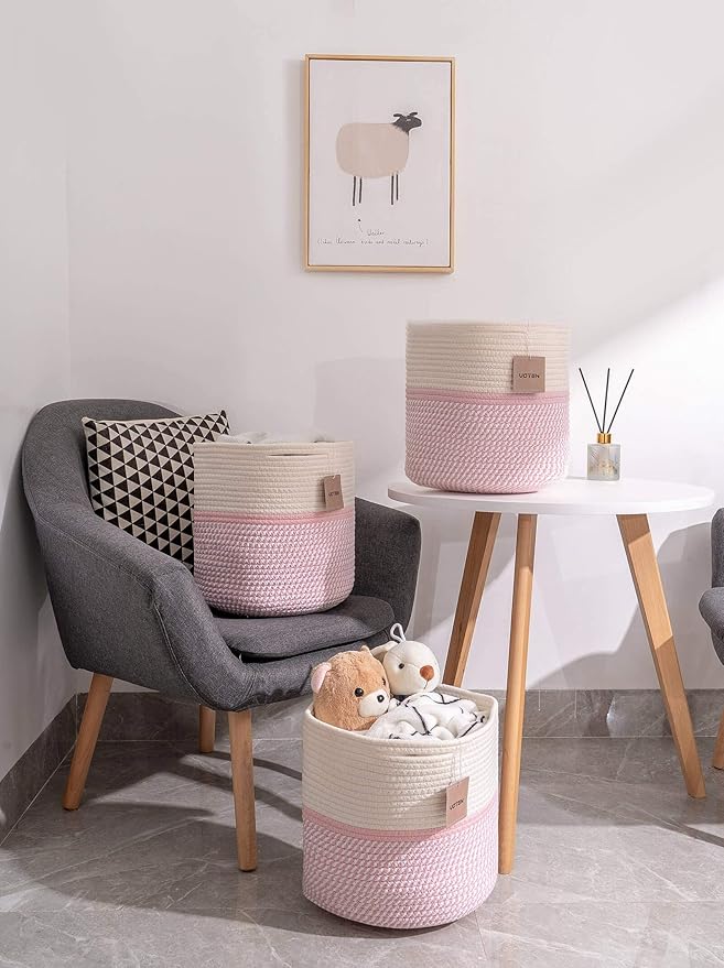 voten Cube Storage Baksets Bins 11x11’’ Fit 12x12’’ Organizer Bookcases Shelving,Stylish&Durable Woven Cotton Basket Containers for Organizing 3-Pack Off White/Mixed Pink