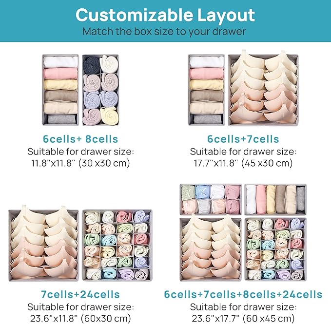 Vtopmart 4 Pack Underwear Drawer Organizers Set, 6+7+8+24 Cells Clothes Drawer Dividers Dresser Organizers Bins for Socks, Bras, Scarves, Ties, Non-Woven Fabric Storage Boxes for Closet, Nursery