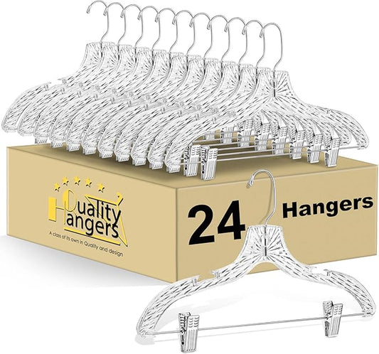 Quality Clear Plastic Skirt Hangers - 24 Pack Crystal Cut Pants Dress Durable Plastic Hanger Set with Adjustable Clips - Heavy Duty Hangers