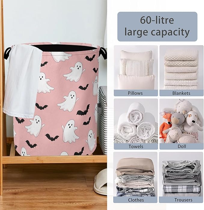 Bat Ghost Laundry Basket,Halloween Foldable Oxford Cloth Tote Bag Laundry Hamper Clothes Storage Bucket Organizer for Bedroom Laundry Storage Dormitories 16" x 20.8"