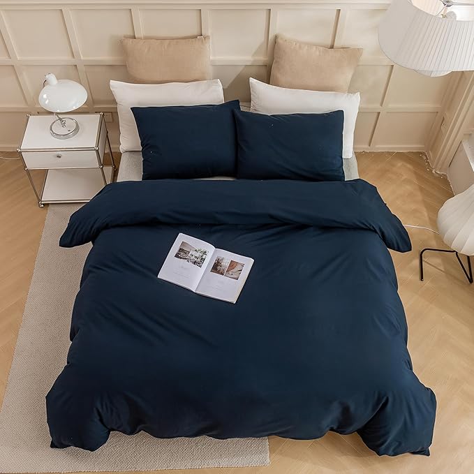 ECOCOTT Navy Blue Duvet Cover Full, 100% Washed Cotton 3 Piece Bedding Set 1 Comforter Cover with Zipper and 2 Pillowcases, Ultra Soft and Easy Care Breathable Duvet Cover