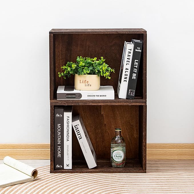 Wooden Crates With Handles ,2 Pack Vintage Brown Assemble Wooden Boxes 16.5 X 12 X 8.3'' ,Solid Wood Crate For Storage Books,Milk,Toys,Clothes, Wine, Fruits,Wood Crates Box For Display