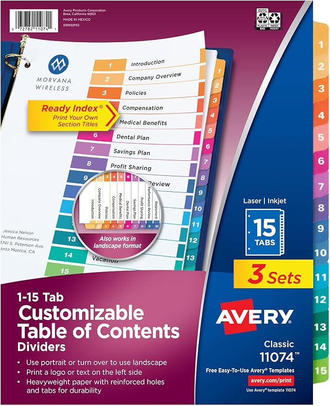 Avery Dividers for 3 Ring Binders, 15 Tabs per Set, Customizable Table of Contents, Multicolor Tabs, Great for Organizing Reports, Projects, and More (3 Sets of 11074)