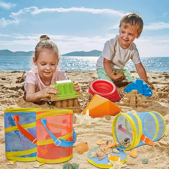 2Pcs Foldable Toy Storage Bag, Large Capacity Sea Shell Bags for Beach (10.5L/2.77Gallon), Portable Toy Storage Bag with Zipper and Strap(Orange and Blue), Storage Bucket for Sandbox