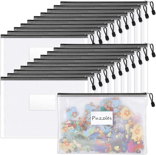 Sooez 20 Pack Mesh Zipper Pouch with Label Pocket, Plastic Zip File Folders, Zipper Document Bag for Teacher School Office Supplies, Classroom Organization, Board Game Storage, 13.3" x 9.4", Black