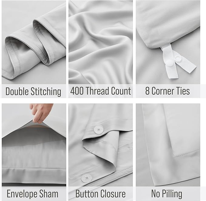 Bella Coterie Luxury Bamboo Viscose California King Size Duvet Cover Set | 100% Organically Grown | Corner Ties | Ultra Soft | Cooling | Two Pillow Shams | 106 x 94 | No Insert [Grey Mist]