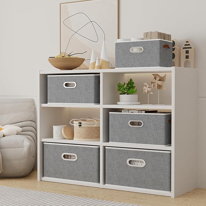 Yawinhe Foldable Storage Baskets for Shelves, Fabric Closet Organizers, Bins with 3 Handles, Cubes for Clothes, Grey, 15''Lx9.8''Wx8.3''H, 4-Pack