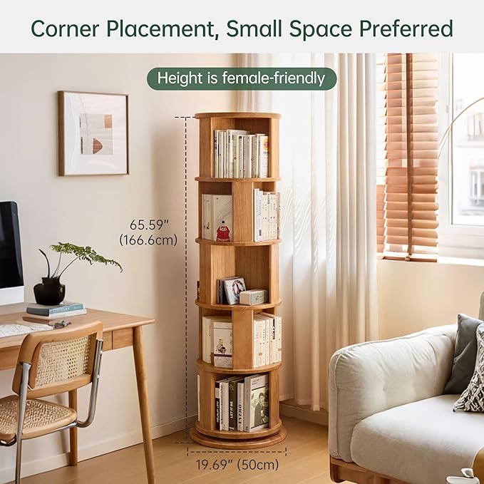 YESWOOD Solid Wood Rotating Bookshelf, 5 Tier Round Revolving Bookcase, 360° Spinning Shelf Tower, Floor Standing Bookcase Storage Rack for Home Office, Corner, Bedroom, Study, Living Room