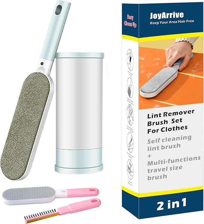 2PCS Lint Brushes for Clothes, Cat Dog Hair Remover for Lundary, Self-Cleaning Lint Remover for Bed Sofa Coat, Best Hair Cleaning Brushes Better Than Lint Roller (Large Blue and Mini Pink)