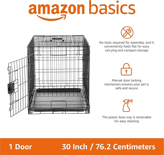 Amazon Basics Durable, Foldable Metal Wire Dog Crate with Tray, Single Door, 30 x 19 x 21 in, Black