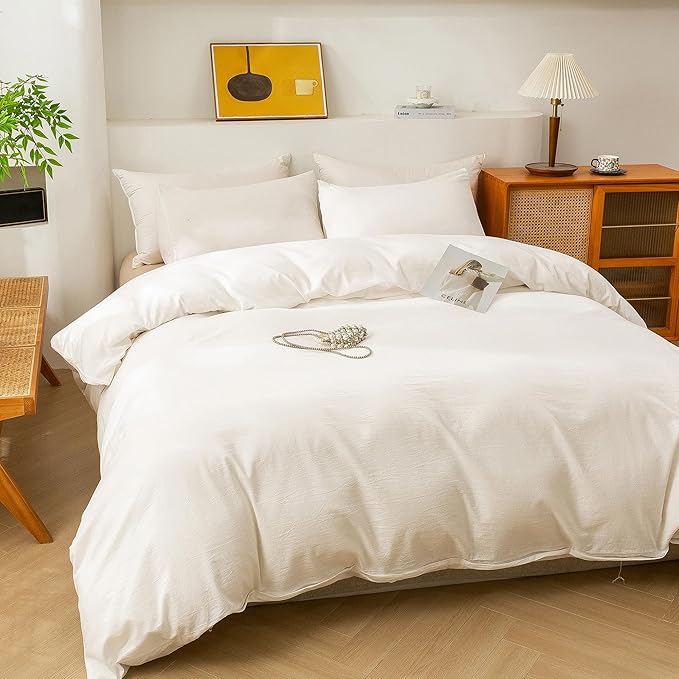 ECOCOTT 100% Washed Cotton Duvet Cover Oversized King Size – Soft & Breathable Linen Feel Bedding Set, 3 Pieces White Comforter Cover with Zipper Closure for All Seasons