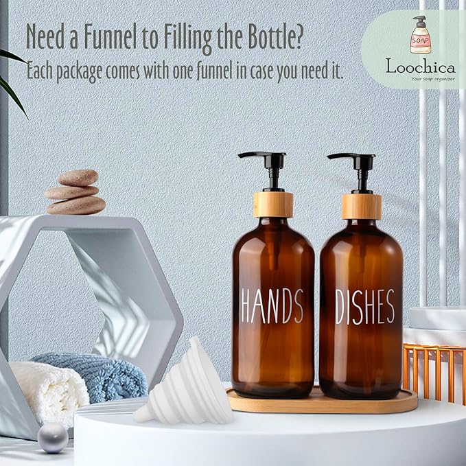 Amber Glass Soap Dispenser Set with Tray, Amber Dish and Hand Soap Dispenser Set, Refillable Reusable Apothecary Soap Pump Dispenser Bottles for Bathroom and Kitchen