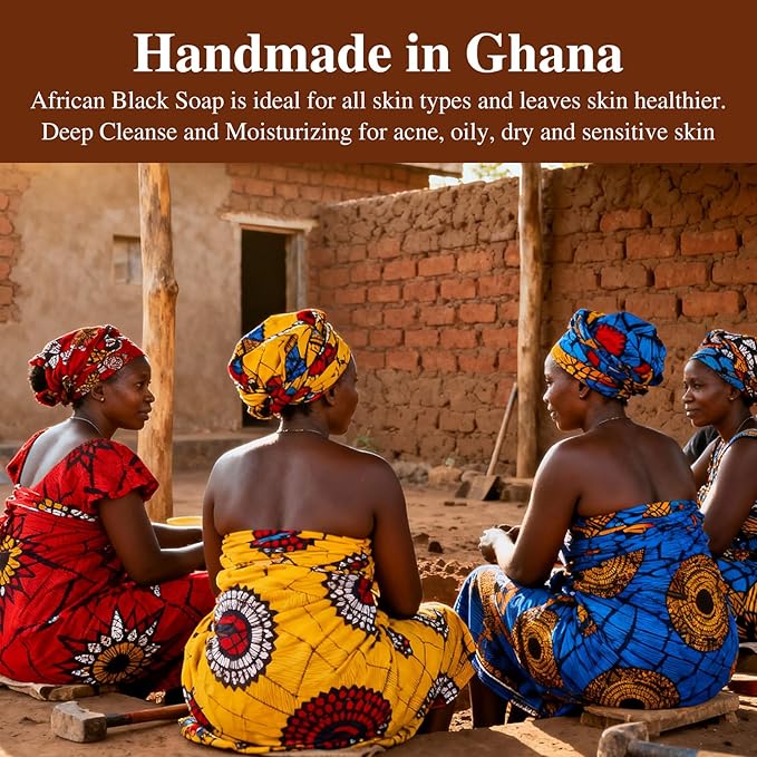 African Black Soap, 100% Pure & Natural, With Raw Shea Butter, Palm Kernel Oil and Cocoa Pods Ash for Dry & Oily Skin Care, Supports Acne & Eczema Treatment, 1 LB (16 oz)