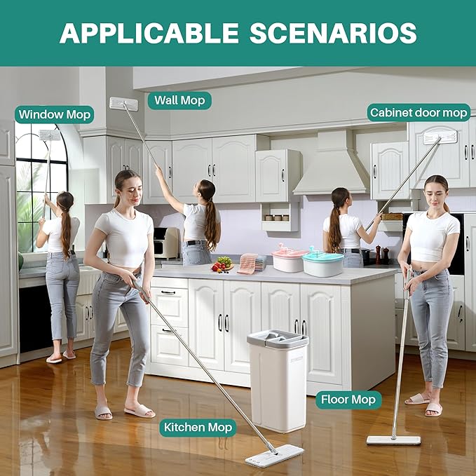 JOYMOOP Mop and Bucket with Wringer Set, Hands Free Flat Floor Mop and Bucket, with 5 Washable Microfiber Pads, Wet and Dry Use, Floor Cleaning System