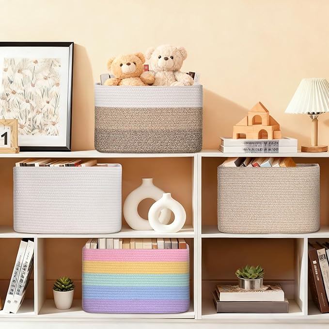 Woven Storage Baskets, Brown Baskets for Organizing, 3 Pack Woven Basket for Storage, Decorative Storage Bins Baskets for Shelves, Towel, Toy, Book, Closet, Baby 14.96"×9.8"×8.85"