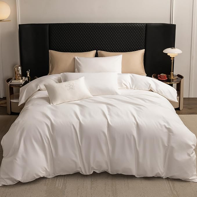 MooMee Duvet Cover Set 100% Extra Long Staple Cotton 600 Thread Count Silky Sateen Smooth Luxury Soft Breathable Durable Hotel Quality Bedding, 3 Piecess (Creamy White, Oversized King 120"x98")