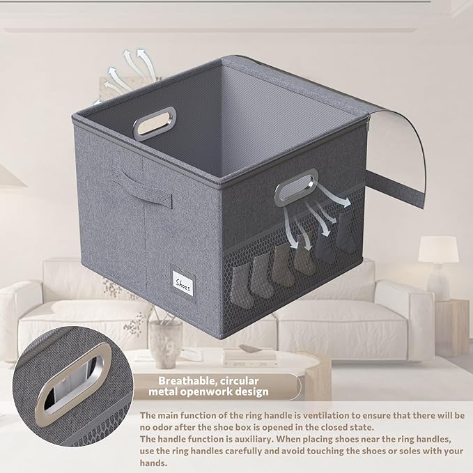 FHSQX Shoe Organizer for Closet,Fits 12 Pair,Shoe Storage Bins with Clear Cover & Adjustable Dividers for Shoes,Shoe Box Storage for Handbags,Blankets,Linen,Clothing (Grey, (16.5 * 16.5 * 13) x1)