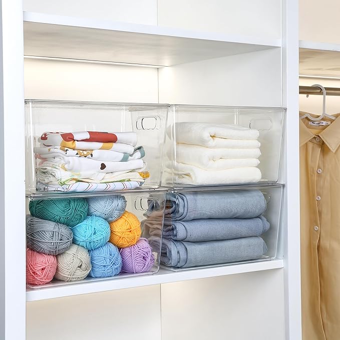 Vtopmart 4 Pack Clear Stackable Storage Bins with Lids,XLarge Plastic Containers with Handle for Pantry Organizer and Storage,Perfect for Kitchen,Fridge,Cabinet, Closet,Bathroom Organization