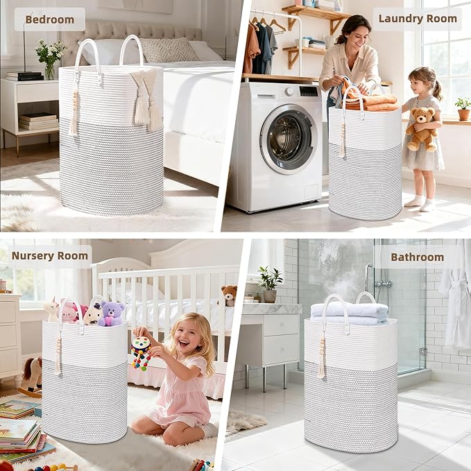 Woven Laundry Basket for Clothes, 50 L Large Rectangle Laundry Hampers with Beads Tassel, Nursery Storage Basket for Toys, Tall Dirty Clothes Hamper for Bedroom Aesthetic, Laundry Room Organization