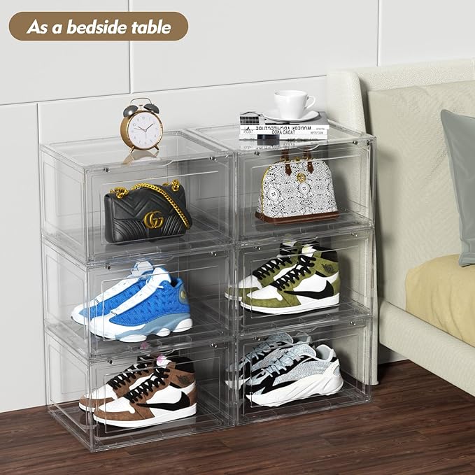 Xyskin Plastic Stackable Shoe Containers with Magnetic Door, Shoe Organizers Storage Boxes, 6 Pack, Clear