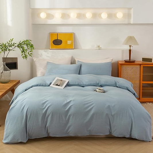 ECOCOTT Light Blue Duvet Cover Full Size - 100% Washed Cotton Durable Soft Comfy Duvet Cover Set, 3 Pieces Duvet Cover with Zipper Closure (80''x90'')