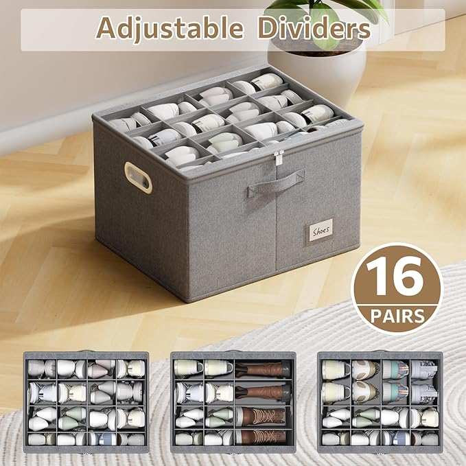 FHSQX Shoe Organizer for Closet,Fits 12 Pair,Shoe Storage Bins with Clear Cover & Adjustable Dividers for Shoes,Shoe Box Storage for Handbags,Blankets,Linen,Clothing (Grey, (19.7 * 15.7 * 13) x1)