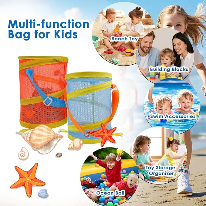 2Pcs Foldable Toy Storage Bag, Large Capacity Sea Shell Bags for Beach (10.5L/2.77Gallon), Portable Toy Storage Bag with Zipper and Strap(Orange and Blue), Storage Bucket for Sandbox