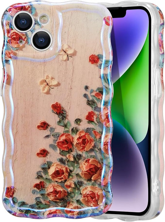 EYZUTAK Case for iPhone 14 Plus/iPhone 15 Plus, Colorful Retro Oil Painting Flower Laser Glossy Cute Curly Wave Edge Exquisite Phone Cover Stylish Durable TPU Protective Case for Girls Women - Beige