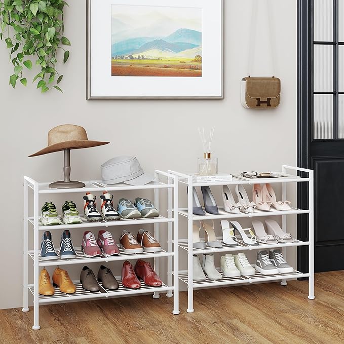 4-Tier Shoe Rack,Metal White Shoe Storage Organizer Shelf for Closet,Entryway,Hallway,Dorm (White, 4 Tier)
