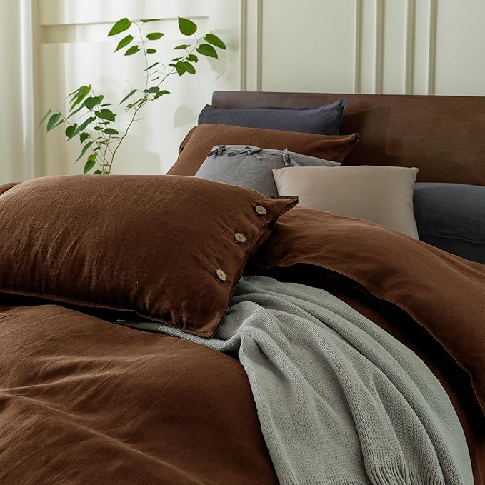 EVERLY 100% Pure Linen Duvet Cover Set Twin Size 68X90Inch 2pcs (1 Duvet Cover,1Pillowcases) Soft and Breathable for All Season with Coconut Button Closure, Suitable for Hot Sleepers-Chocolate