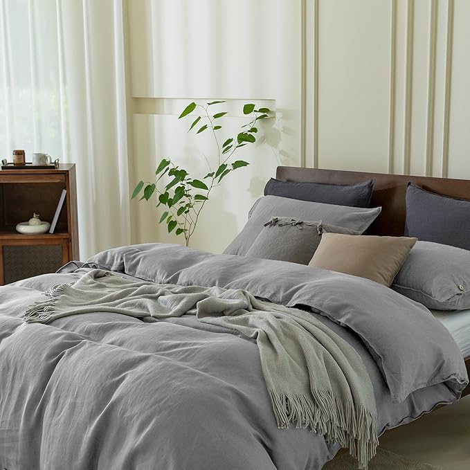 EVERLY 100% Pure Linen Duvet Cover Set King Size 104X90Inch 3pcs (1 Duvet Cover,2 Pillowcases) Soft and Breathable for All Season with Coconut Button Closure, Suitable for Hot Sleepers-Grey